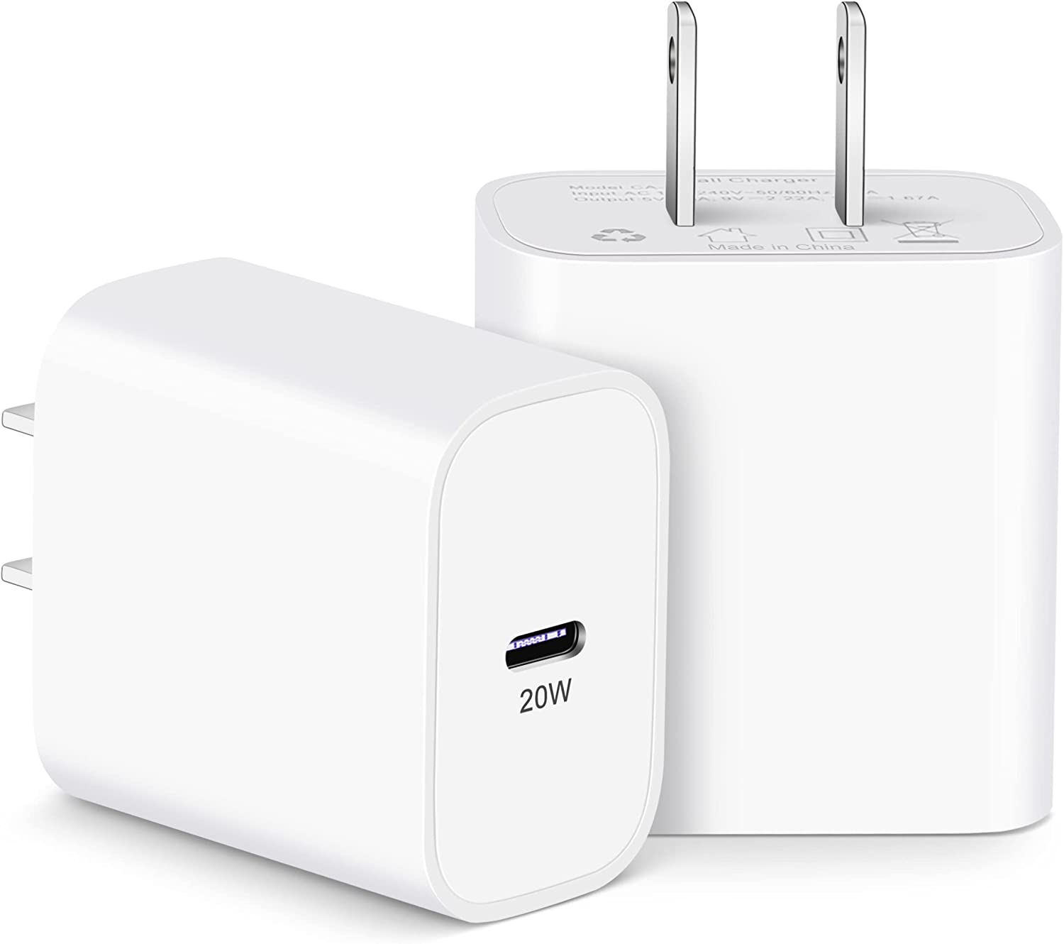 USB C Wall Charger [Apple MFi Certified], 2Pack 20W PD USBC Power Adapter Plug Fast Charging Block Brick Cube for iPhone 14/14 Pro Max/Plus/13/12/Mini/11, New iPad/Pro/Air, Google Pixel 7/6/5/4/3/XL